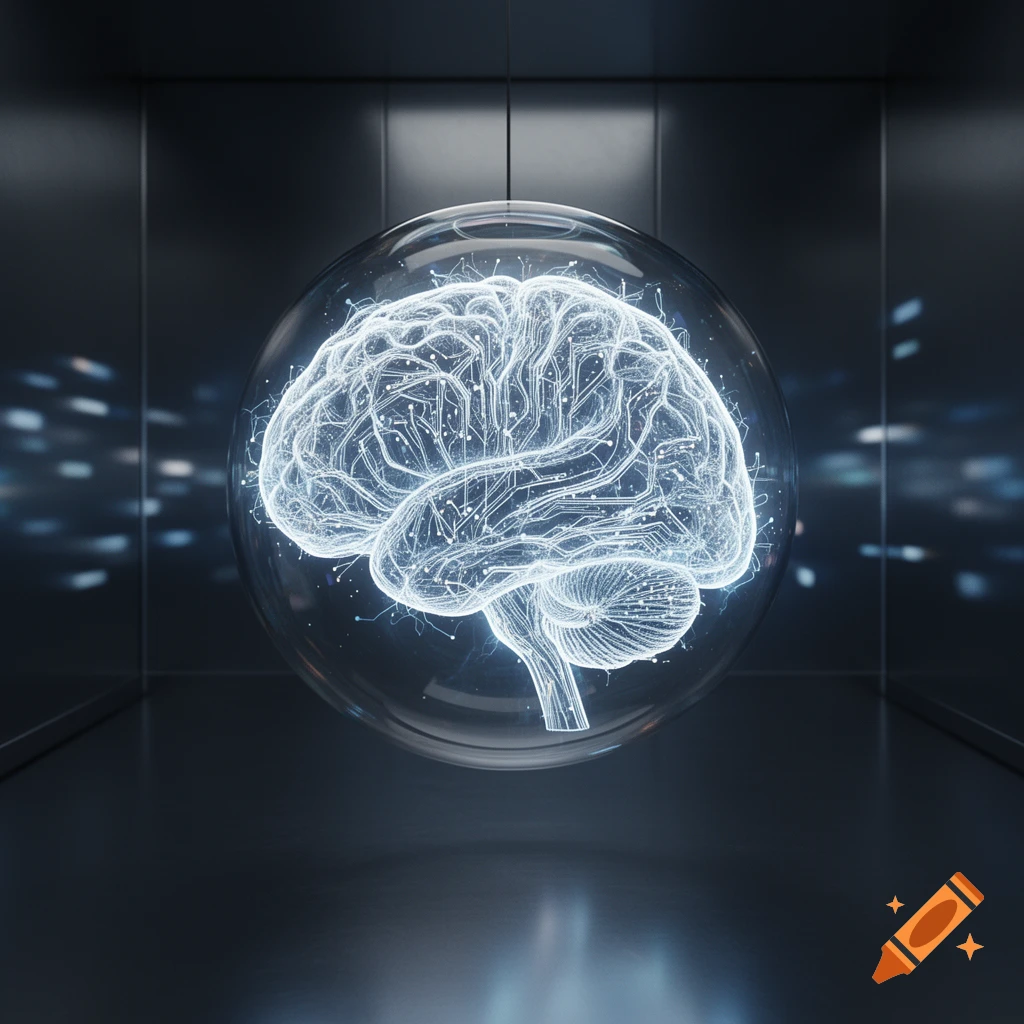 A glowing, wireframe human brain, representing a digital network or AI, encased in a glass sphere in a dark, futuristic room.