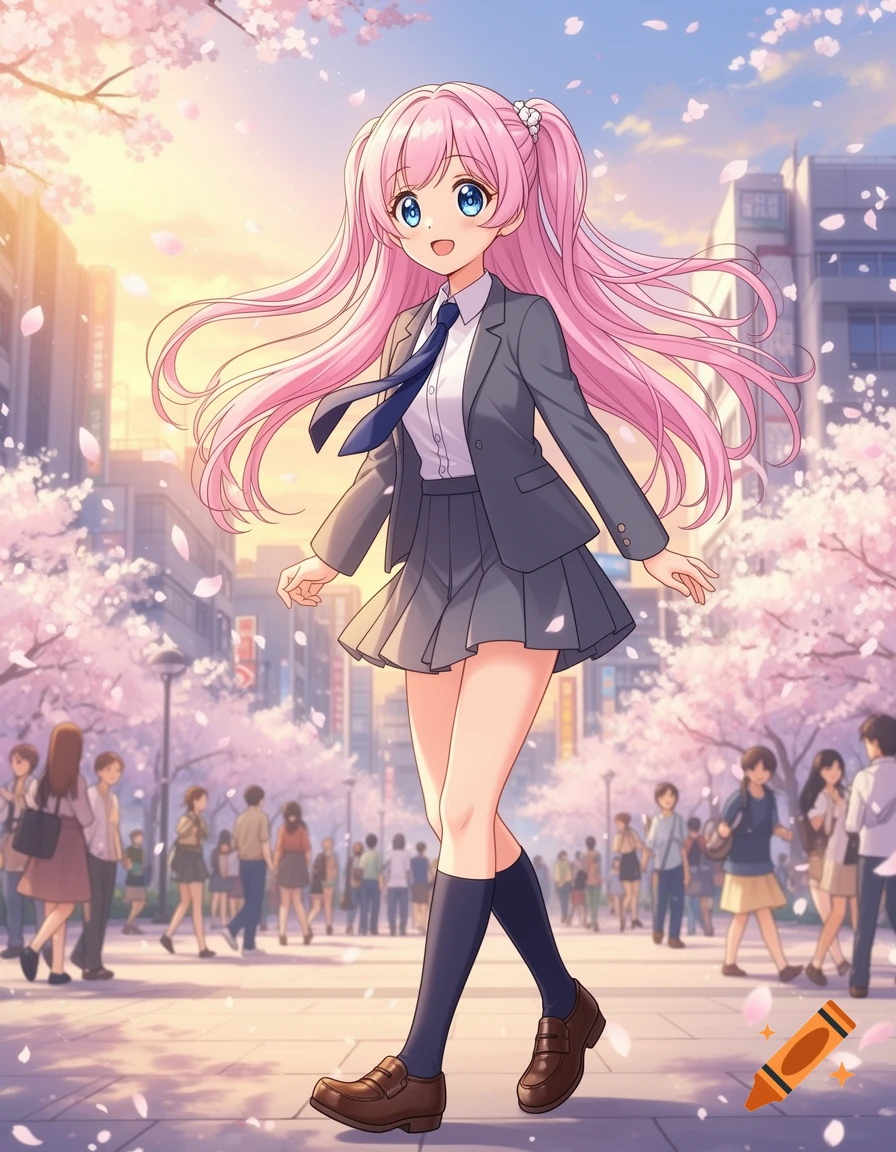 An anime girl with pink pigtails and blue eyes, wearing a school uniform, smiles while walking on a cherry blossom-lined street during sunset.