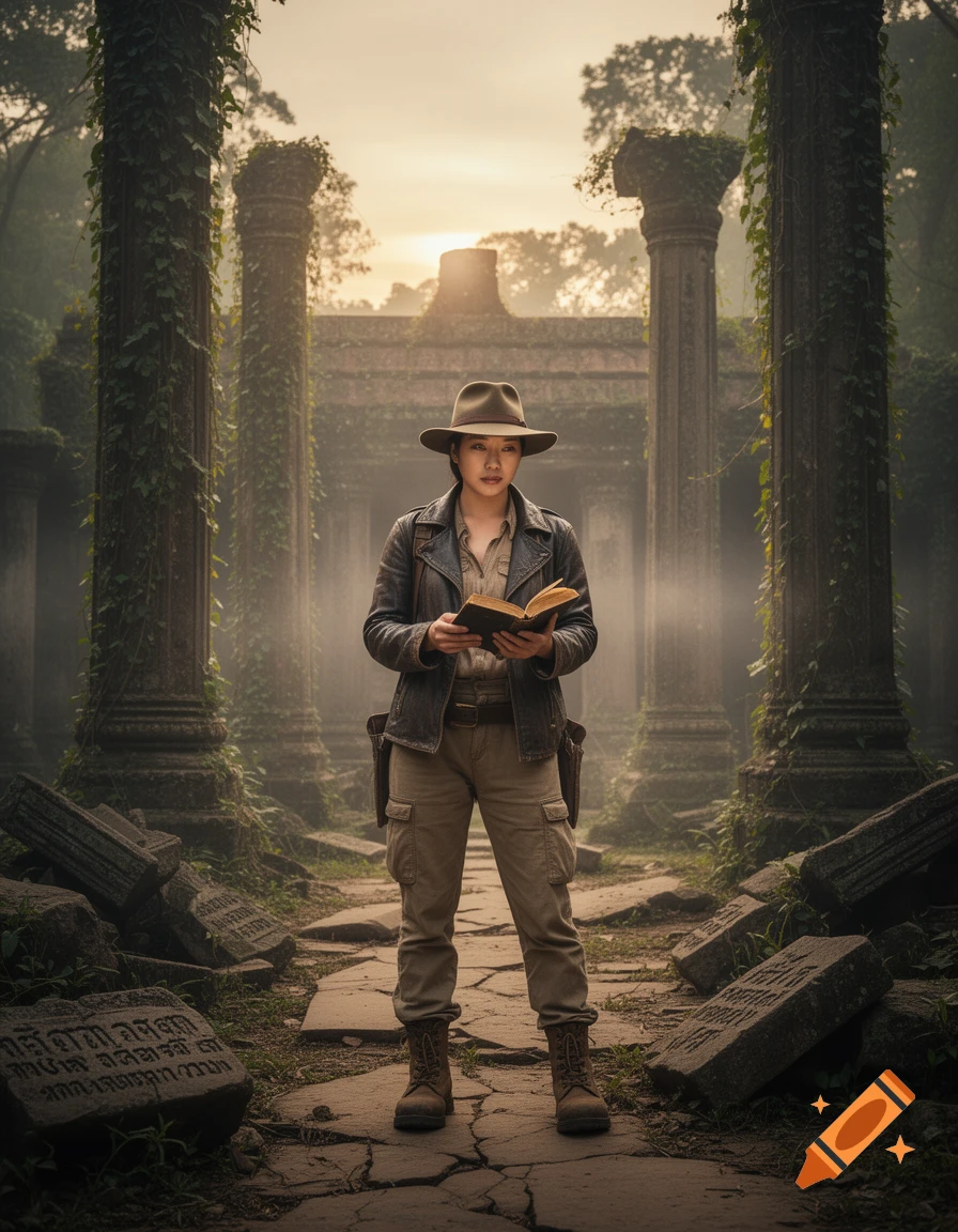 Photorealistic image of an Asian woman explorer in a hat and leather jacket, reading a book amidst overgrown ancient ruins.