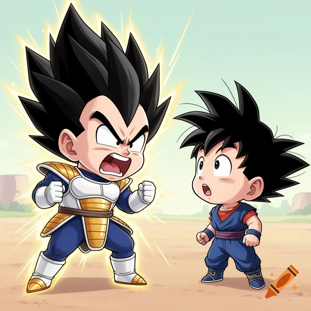 Chibi Vegeta with glowing aura yelling fiercely at a surprised Chibi Goku in a desert landscape.