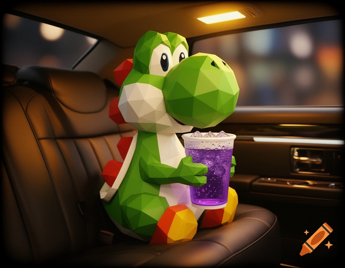 Low-poly Yoshi sits in the rear seat of a luxurious limousine at night, holding a cup of purple soda and ice.