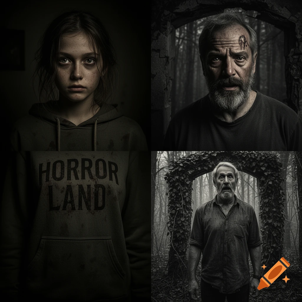 A dark, gritty triptych features a young girl with the text 'HORROR LAND' on her hoodie, and two older men with distressed expressions, all in a somber, forest-like setting.