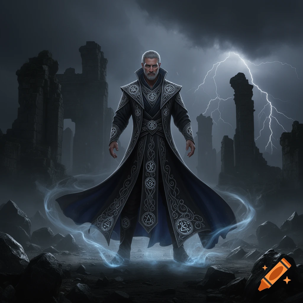 A grey-haired battle mage in intricate dark robes stands amidst ruins under a stormy, lightning-filled sky, surrounded by glowing blue magic.