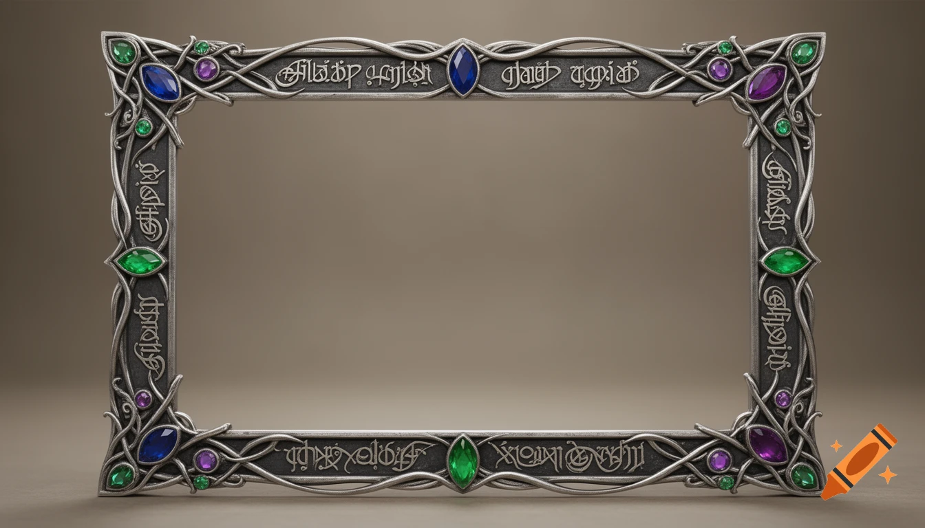 An ornate silver horizontal frame with intricate scrollwork, green, blue, and purple gems, and decorative elfic script.