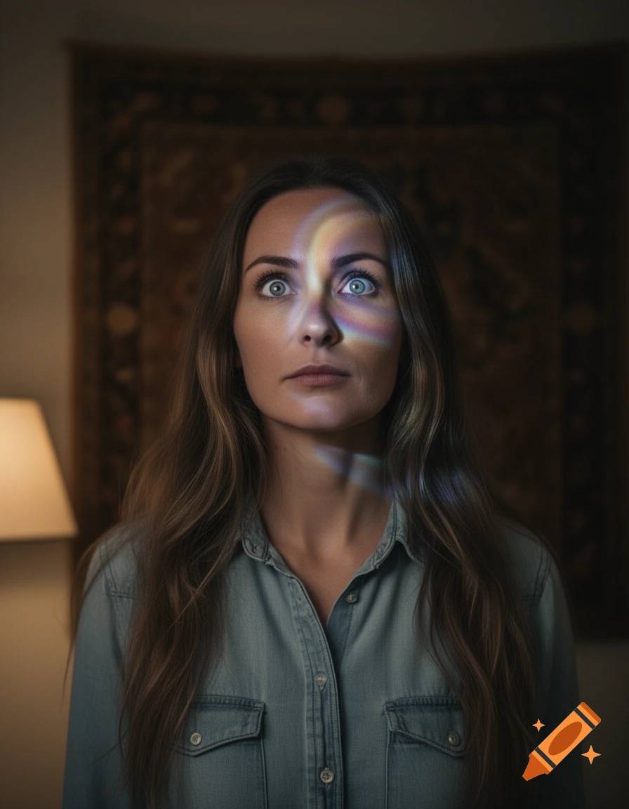 A woman with wide eyes looks up, a rainbow light illuminating her face. She wears a denim shirt in a dim room with a tapestry.
