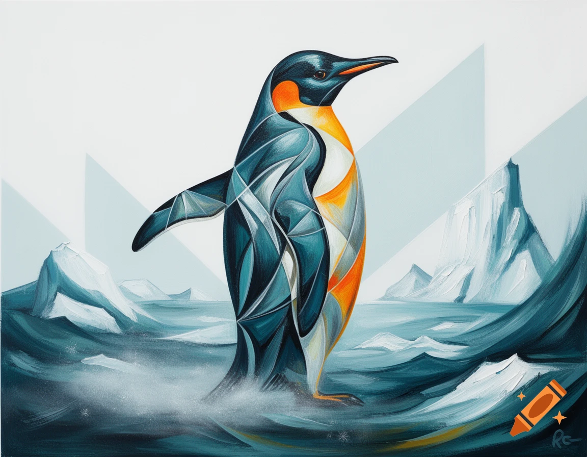 An abstract, geometric style painting of a black, white, and orange penguin standing in icy blue water with icebergs.