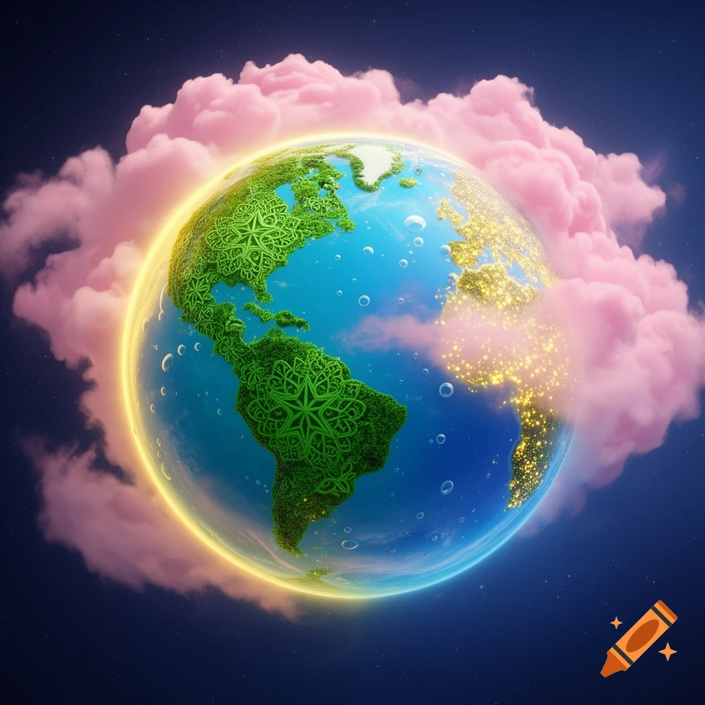 A glossy Frutiger Aero planet with green lace-patterned land, blue oceans, glowing yellow atmosphere, and pink clouds in space.