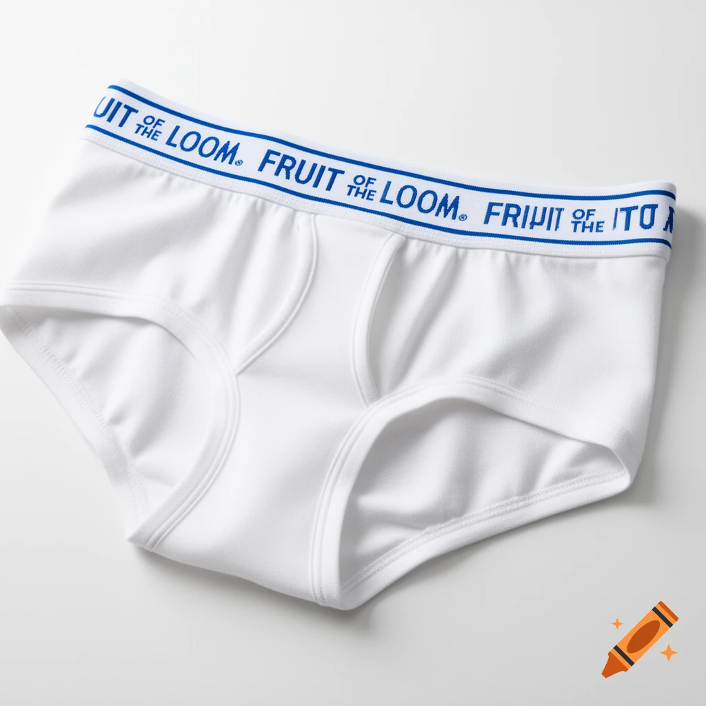 White men's briefs with a blue waistband featuring the Fruit of the Loom logo.