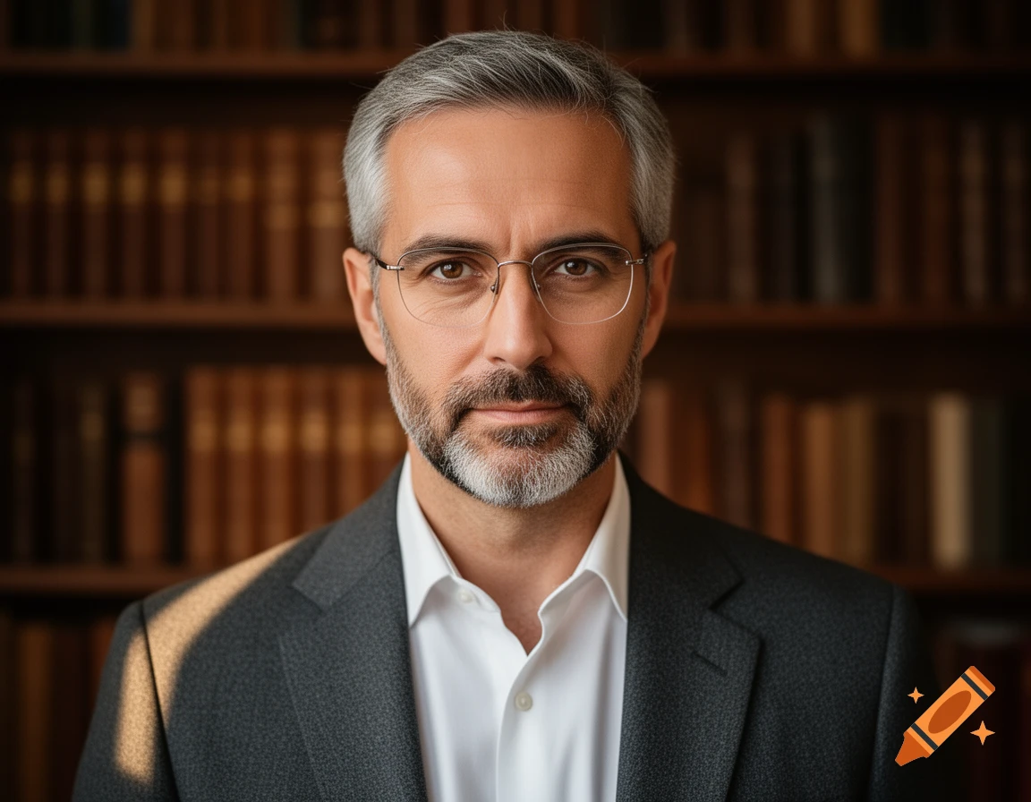A photorealistic portrait of a distinguished man with salt-and-pepper hair, a beard, and glasses, wearing a suit, against a blurred bookshelf background.