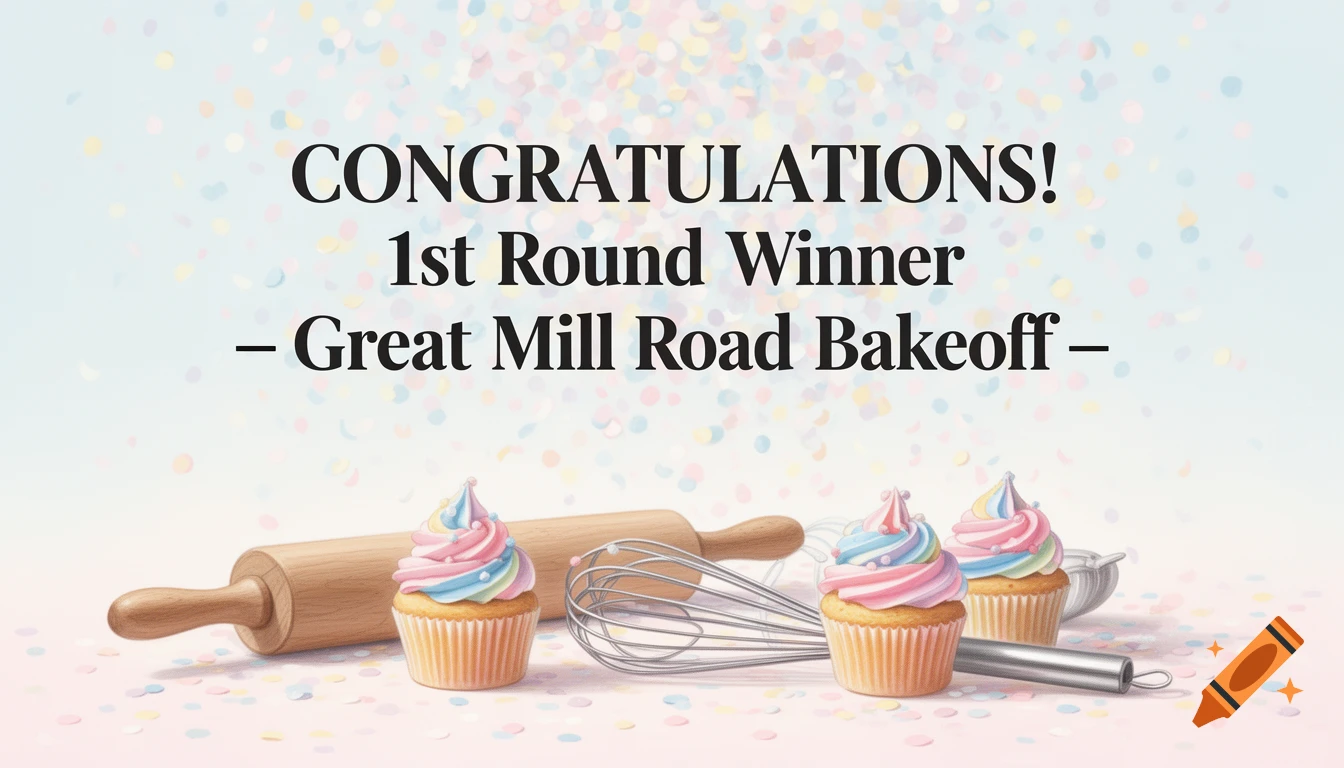 Cheerful illustration of a "Congratulations" banner for the "Great Mill Road Bakeoff" with cupcakes, rolling pin, and whisk surrounded by confetti.