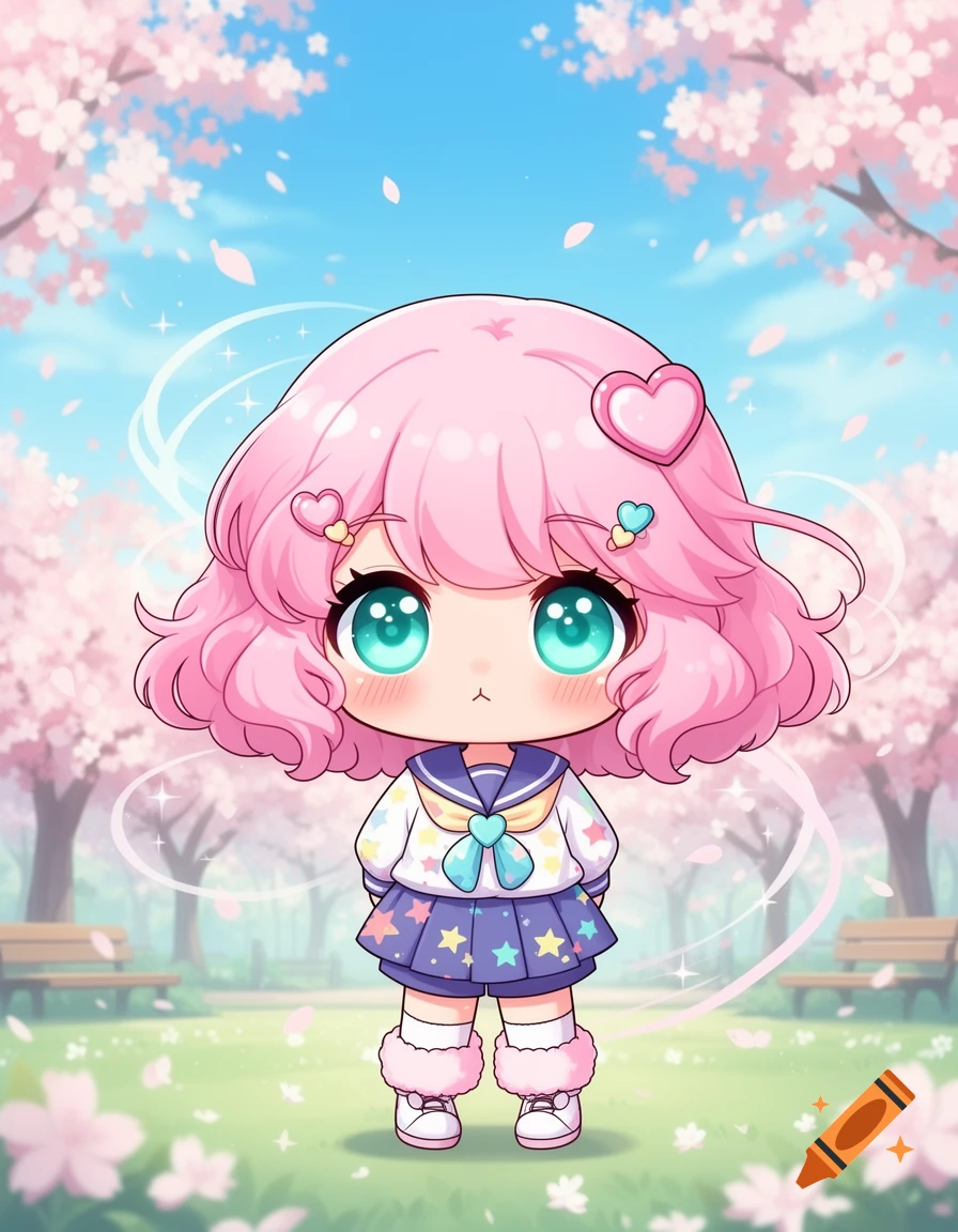 A cute chibi anime girl with pink hair and big green eyes stands in a park with cherry blossoms.