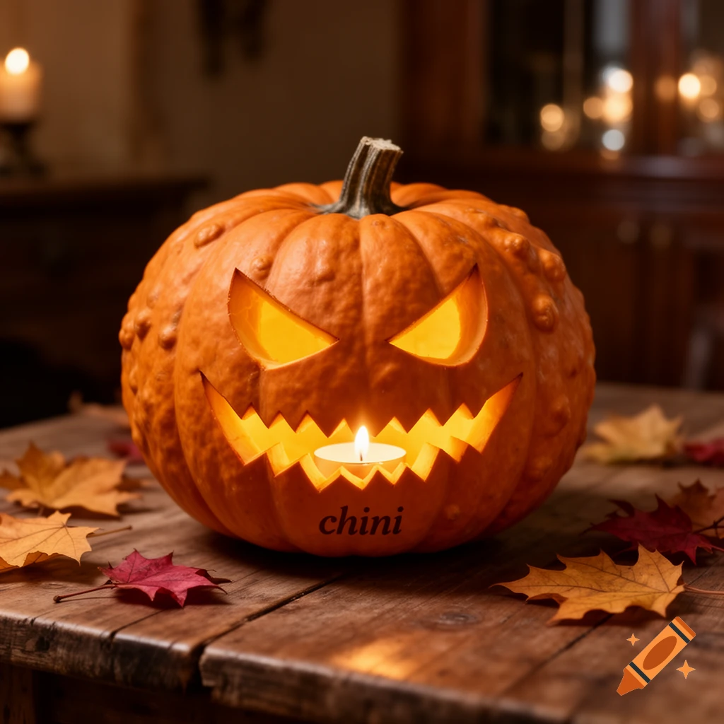 A glowing jack-o'-lantern with a carved menacing face and 'chini' text, sits on a wooden table surrounded by autumn leaves.