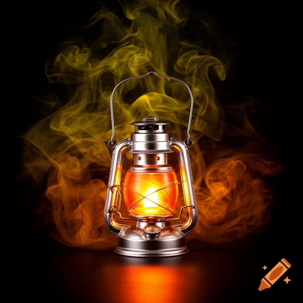 A silver lantern glows with orange light, surrounded by swirling yellow and orange smoke against a black background.