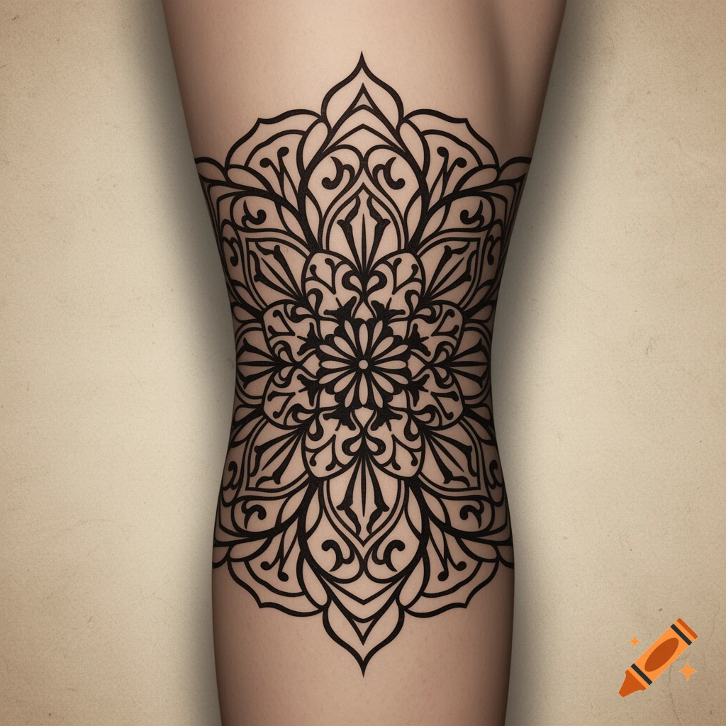 A detailed black outline mandala tattoo design on a human leg around the knee area.