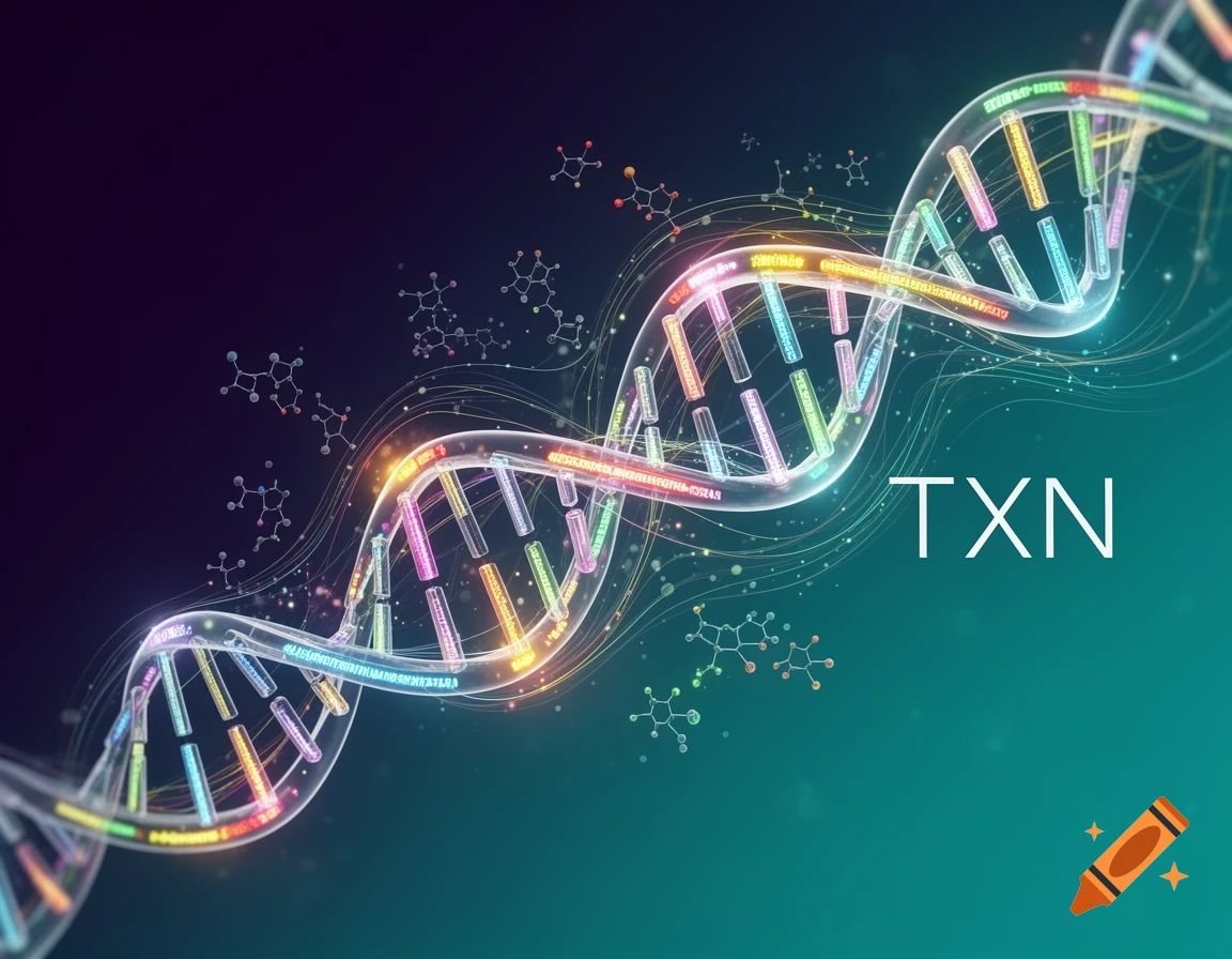 Glowing DNA double helix and molecular structures on a dark to teal background, with the text TXN.
