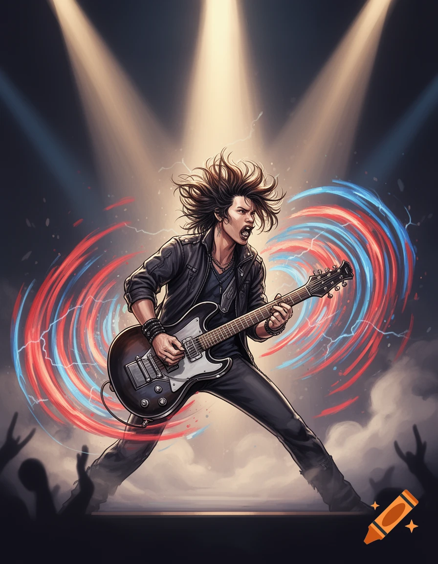 Dynamic illustration of a male rock musician with wild hair playing an electric guitar on stage under spotlights with energetic swirls.