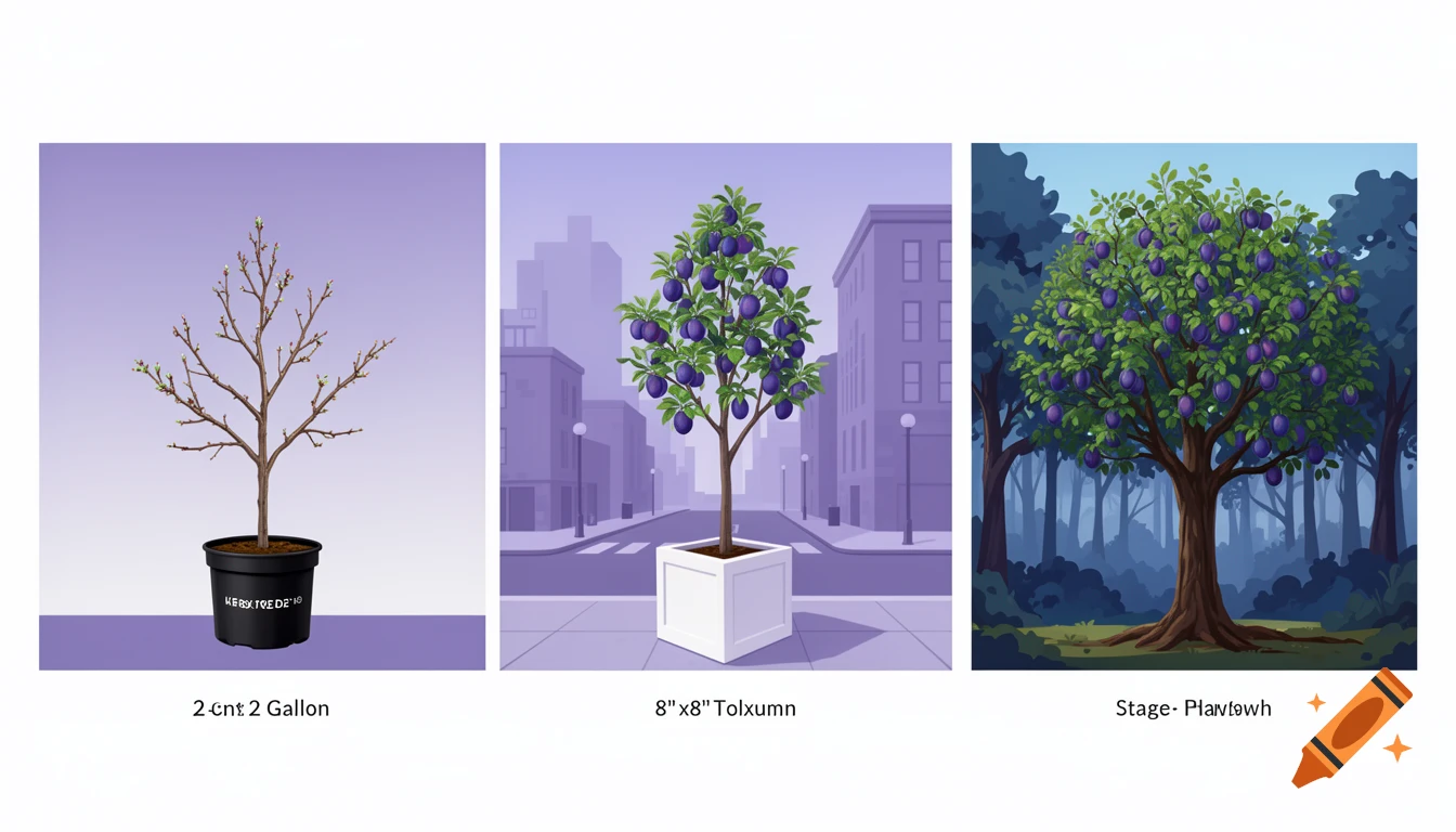 A three-panel vector illustration showing the growth stages of a plum tree: a small sapling in a black pot, a young tree in a white planter on a city street, and a mature tree in a forest.