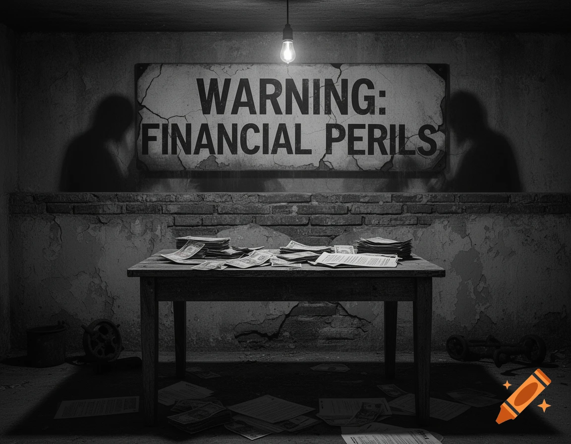 A dimly lit, gritty room in black and white, with a sign reading 'WARNING: FINANCIAL PERILS' above a table covered in money and papers.