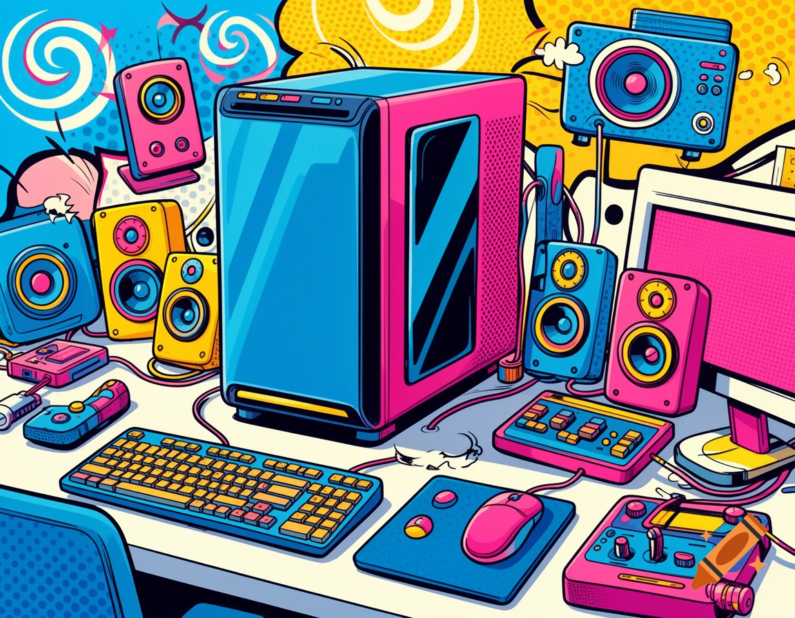 A vibrant comic book style illustration of a computer workstation with a desktop PC, keyboard, mouse, monitor, and several speakers in pink, blue, and yellow.