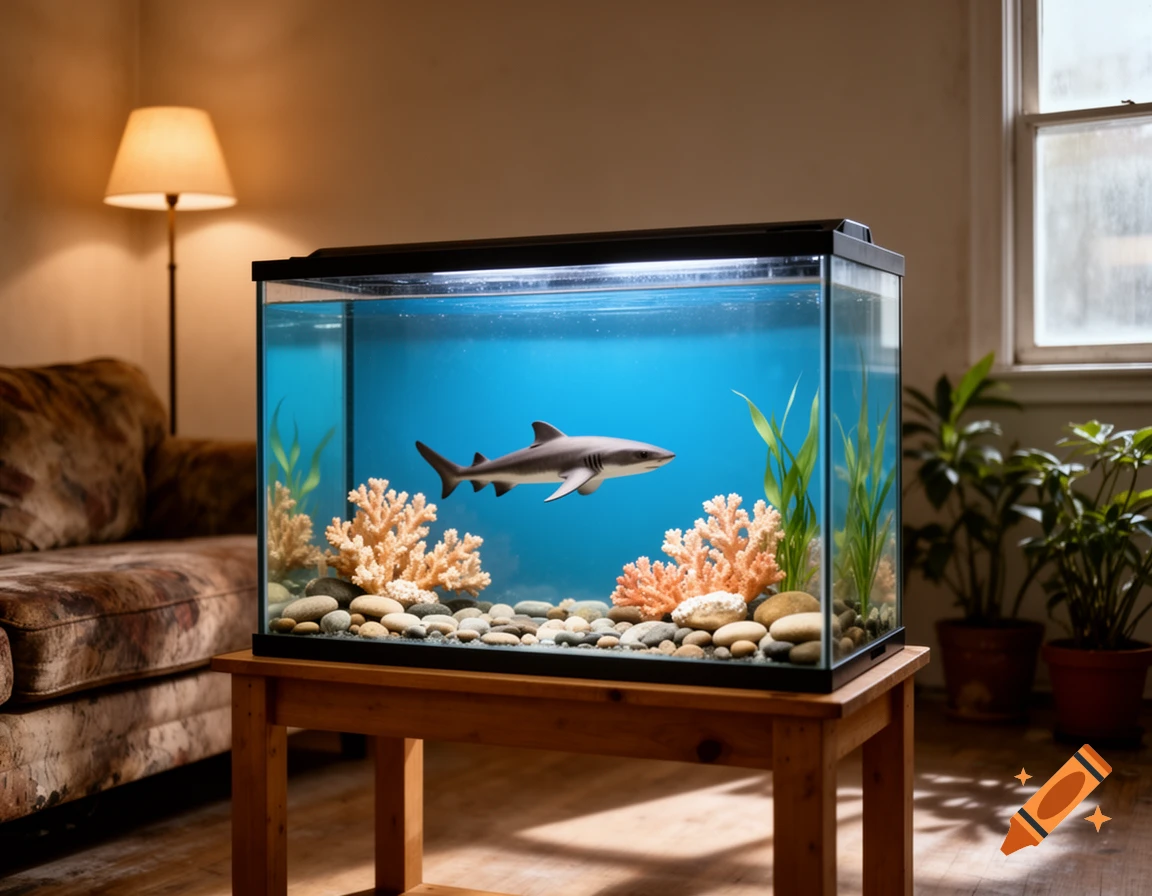 A baby shark swims in a large, realistic aquarium in a cozy apartment living room with a lamp and plants.