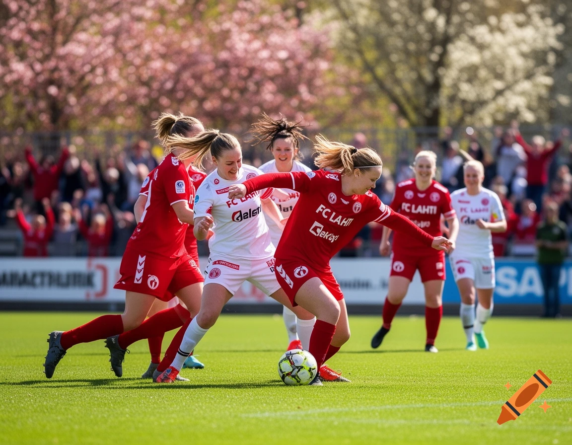Women in red and white jerseys play football on a green field, with spectators and blooming trees in the background.
