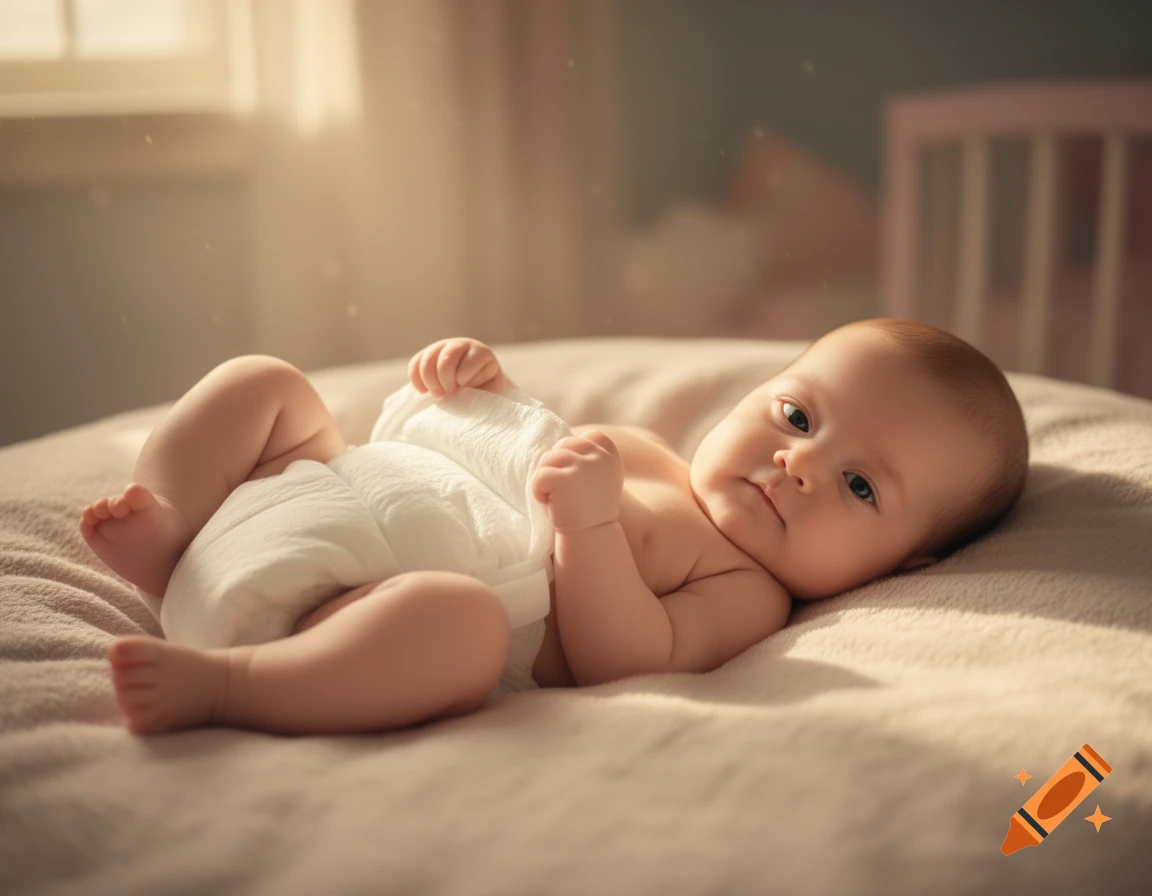 A photorealistic image of a baby lying on its back on a soft, light-colored blanket, wearing a white diaper. Sunlight streams in from a window in the background.
