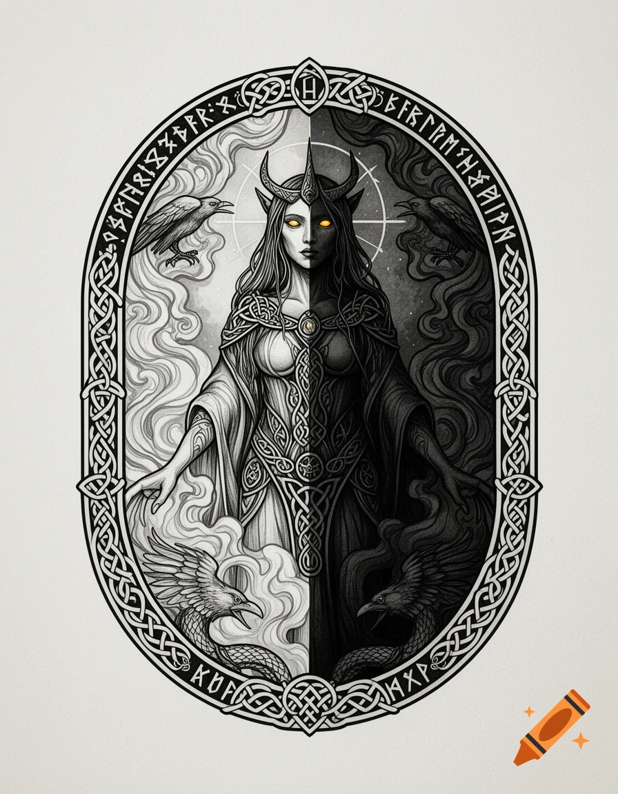 Black and white drawing of a goddess, half light, half dark, with horns, glowing eyes, ravens, and celtic knotwork in a runic oval.