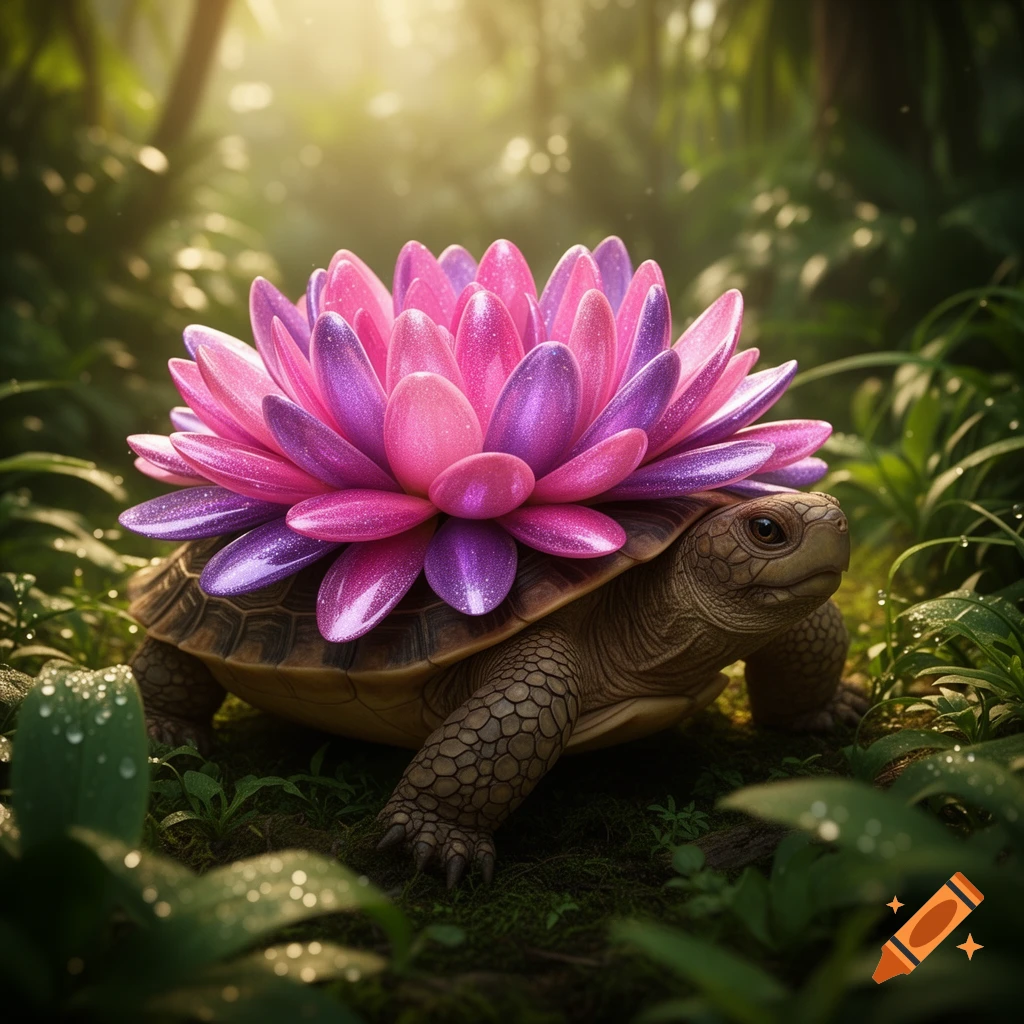 A brown turtle with a sparkling pink and purple flower on its shell, walking through a sunlit, green forest.