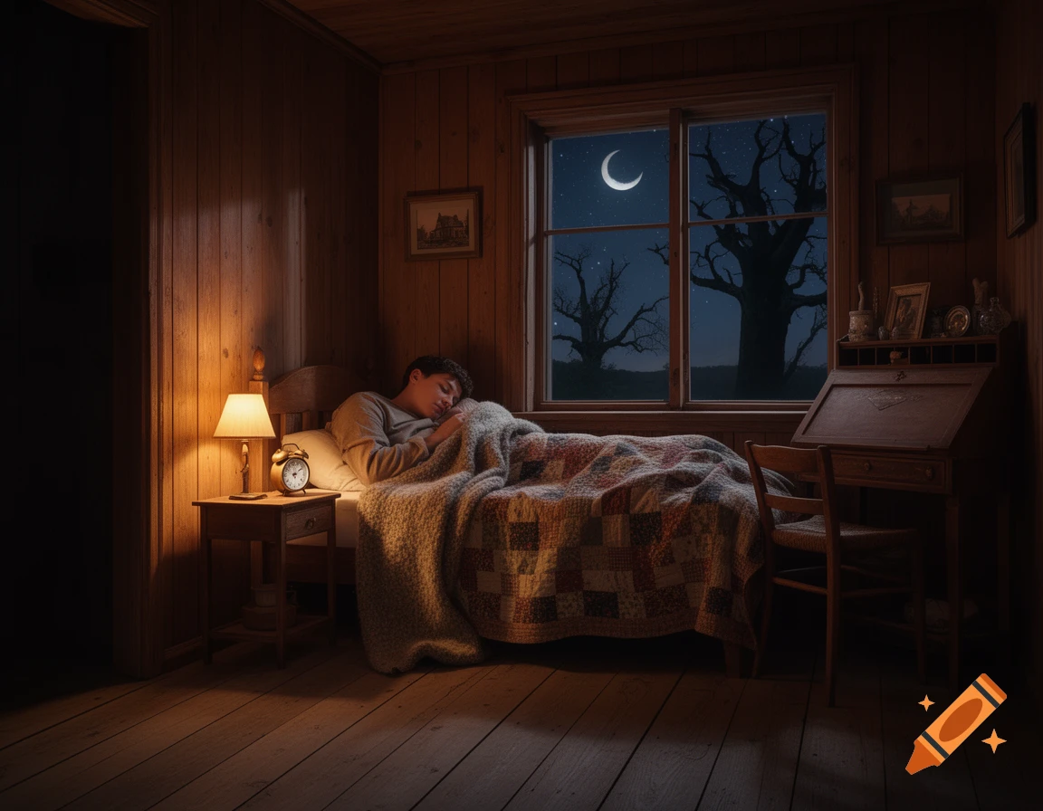 A person sleeps soundly in a cozy, dimly lit wooden bedroom at night, with a crescent moon and trees visible through the window.