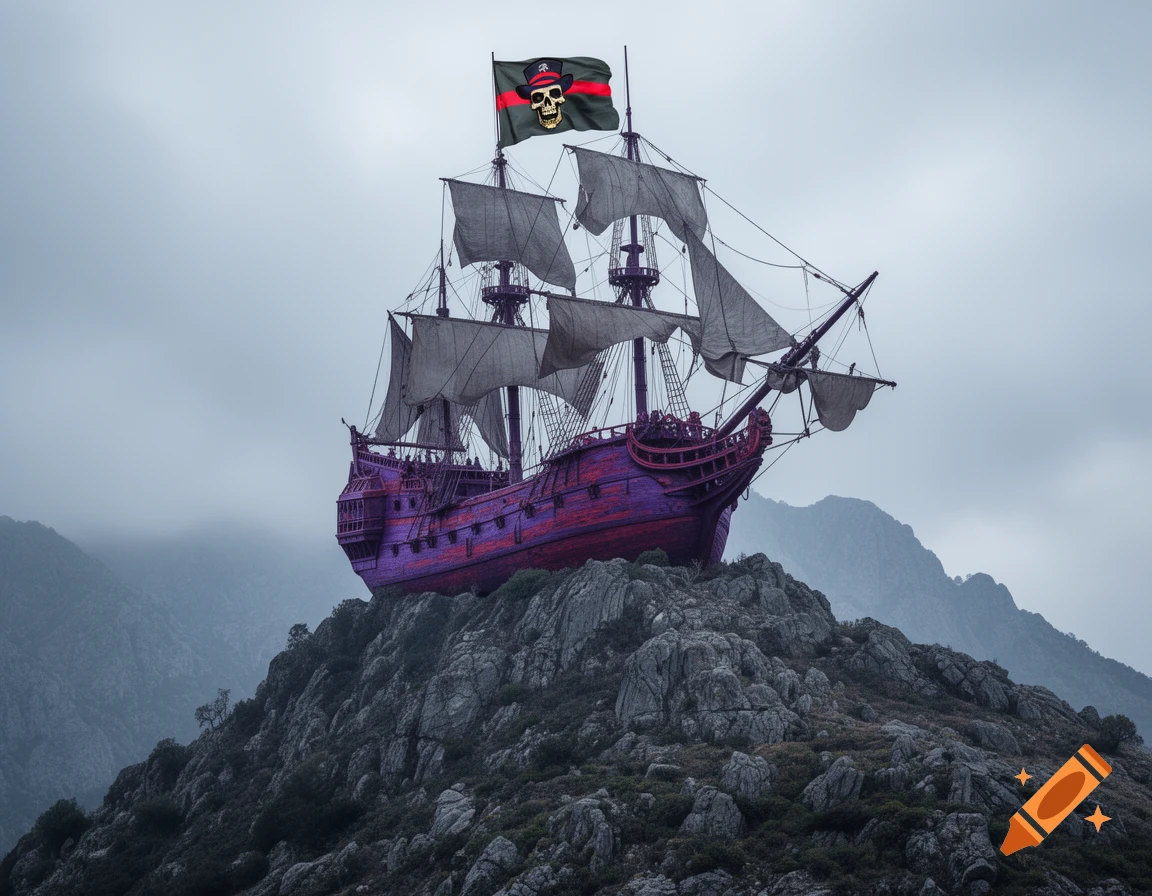 A vibrant purple and red pirate ship with a skull flag rests on a rocky mountain peak under a cloudy sky.