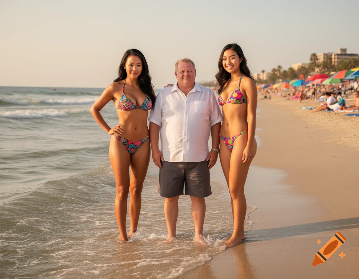 A man in shorts stands between two women in bikinis on a sunny beach, with ocean waves and distant beachgoers.