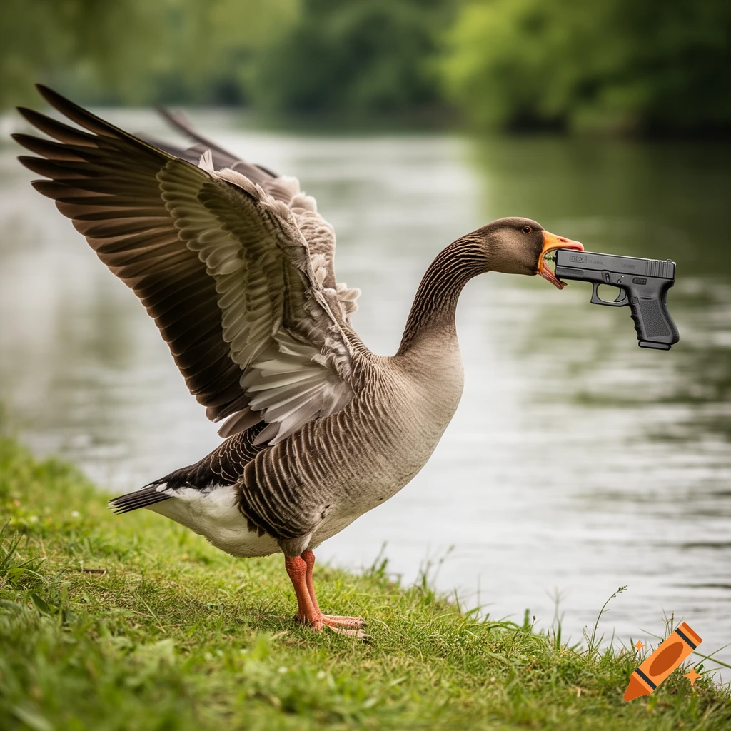 A photorealistic goose with spread wings stands on a grassy bank next to a river, holding a black handgun in its orange beak.