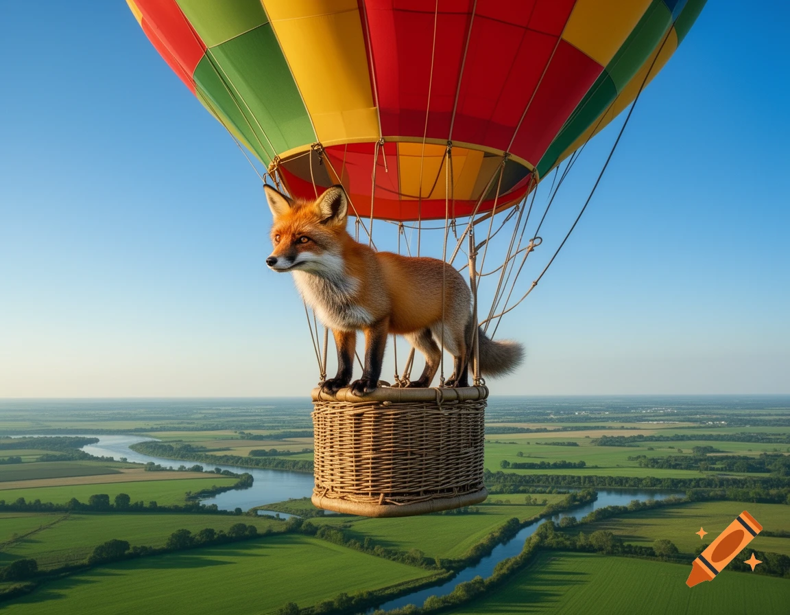 A photorealistic red fox stands in a wicker basket attached to a vibrant red, yellow, and green hot air balloon, soaring over green fields and a winding river under a clear blue sky.