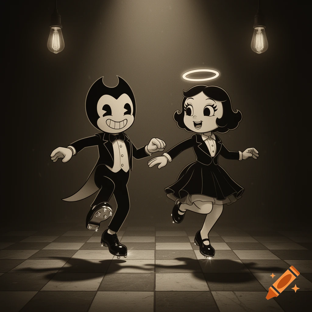 Bendy and Alice Angel tap dancing in tuxedos on a checkered floor under spotlights, in a classic cartoon style.