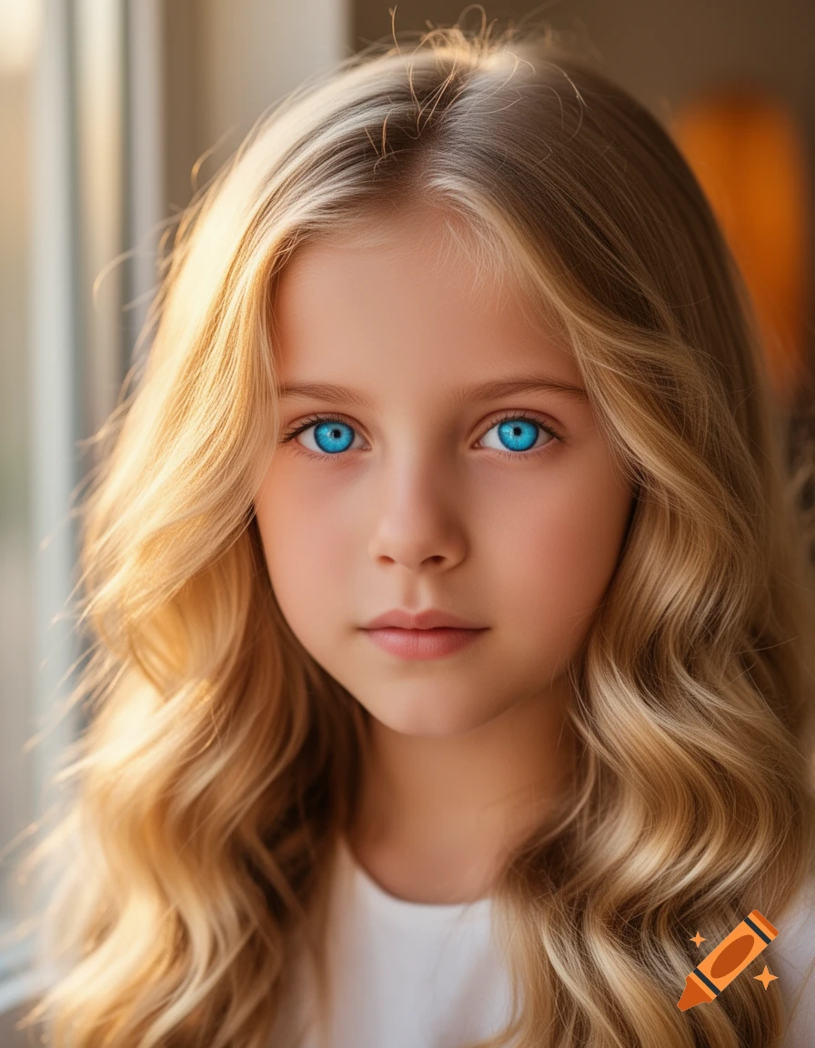 Close-up portrait of a young girl with wavy blonde hair and striking blue eyes, photorealistic style.