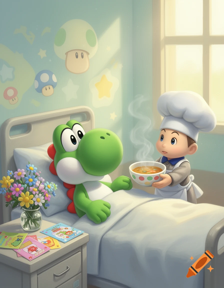 Yoshi in a hospital bed with a chef serving him a bowl of soup, in a cartoon style.