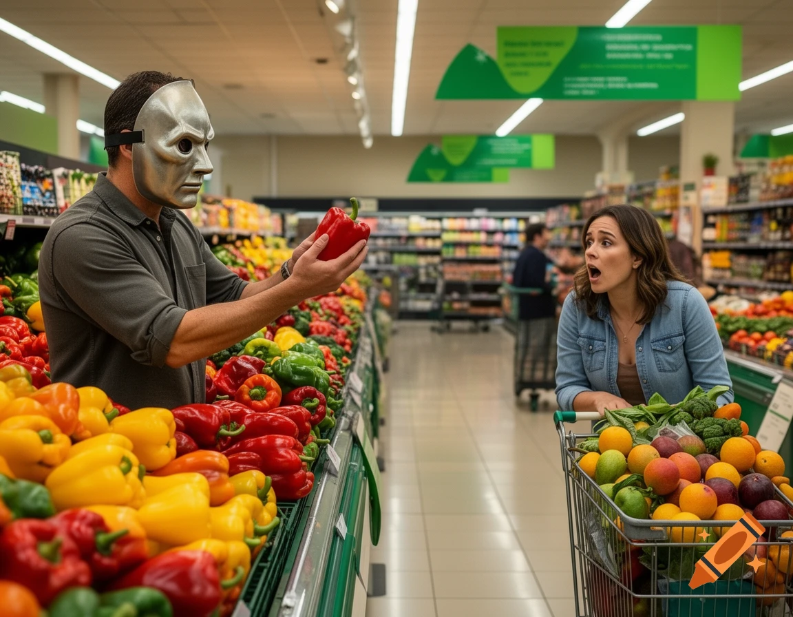 A man in a silver Hannibal Lecter mask holds a red bell pepper, startling a woman with a shopping cart full of produce in a brightly lit supermarket aisle.