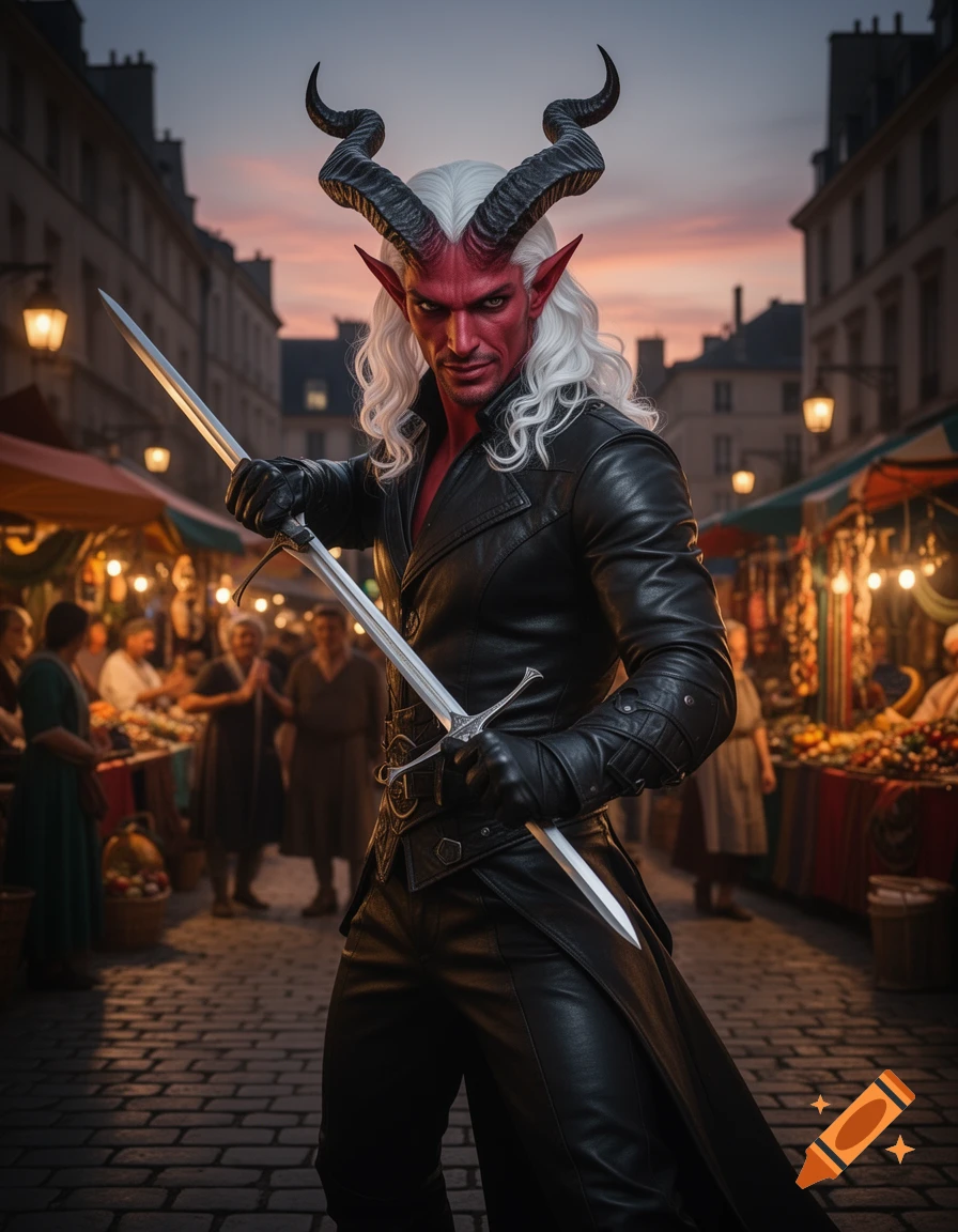 Handsome male Tiefling with red skin, white hair, and large horns, dressed in black leather and holding a sword in a bustling market at dusk.