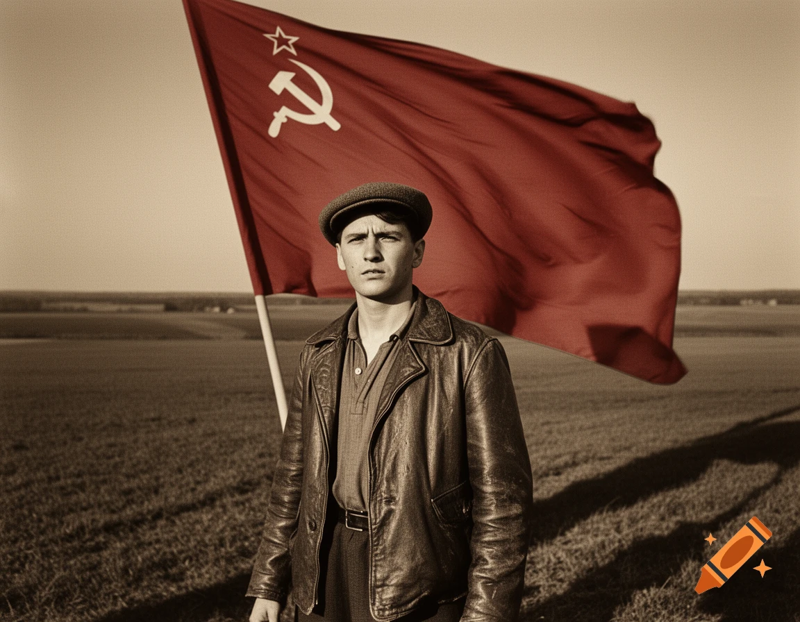 A young man in a leather jacket and cap stands in a field with a large, sepia-toned Soviet Union flag behind him.
