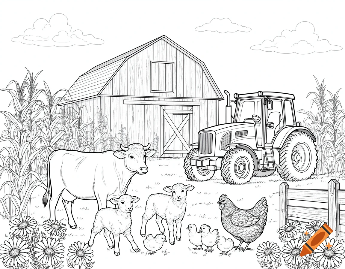 A line art coloring page of a farm scene featuring a barn, tractor, cow, two lambs, a hen, and three chicks amidst cornstalks and daisies.