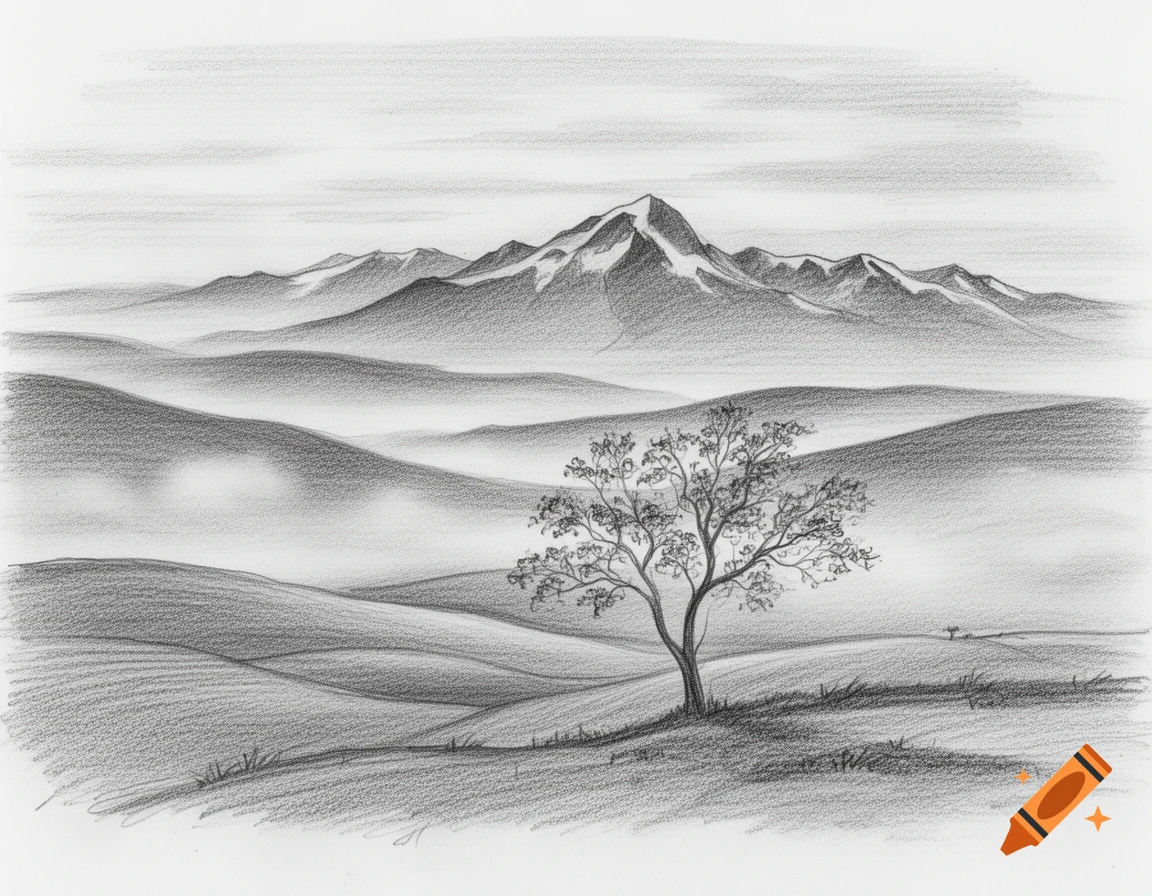 Pencil sketch of a mountainous landscape with rolling hills, a single tree, and a cloudy sky.