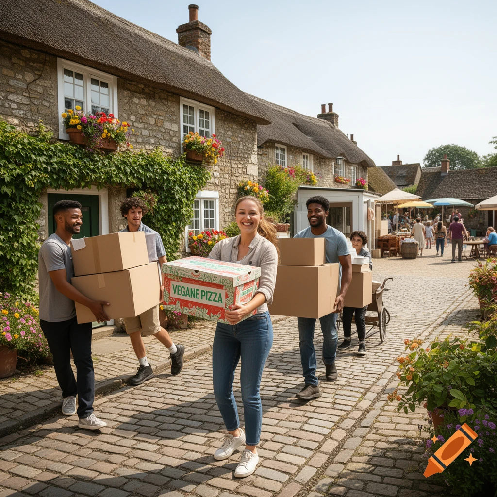 A group carries moving boxes and a 'VEGANE PIZZA' box on a cobblestone street in a quaint village.