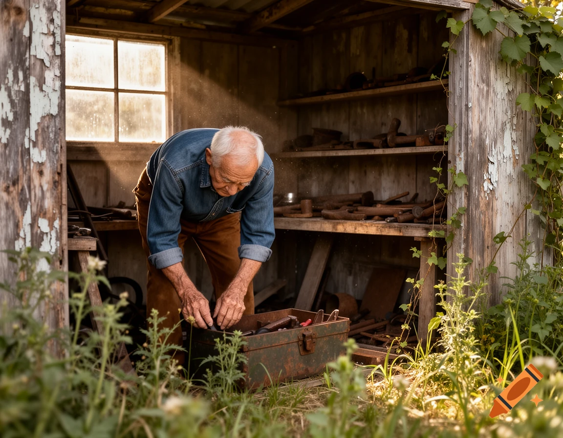 An elderly man in a denim shirt and brown pants searches through a toolbox in a rustic wooden shed, illuminated by sunlight from a window.