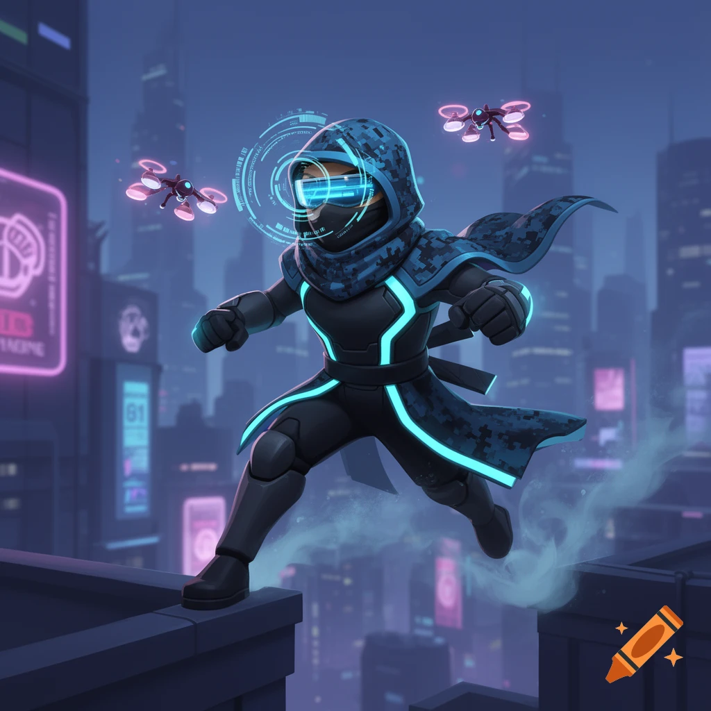 A stylized cyber-ninja character in black and blue glowing armor leaps over a rooftop in a futuristic city with drones flying nearby.