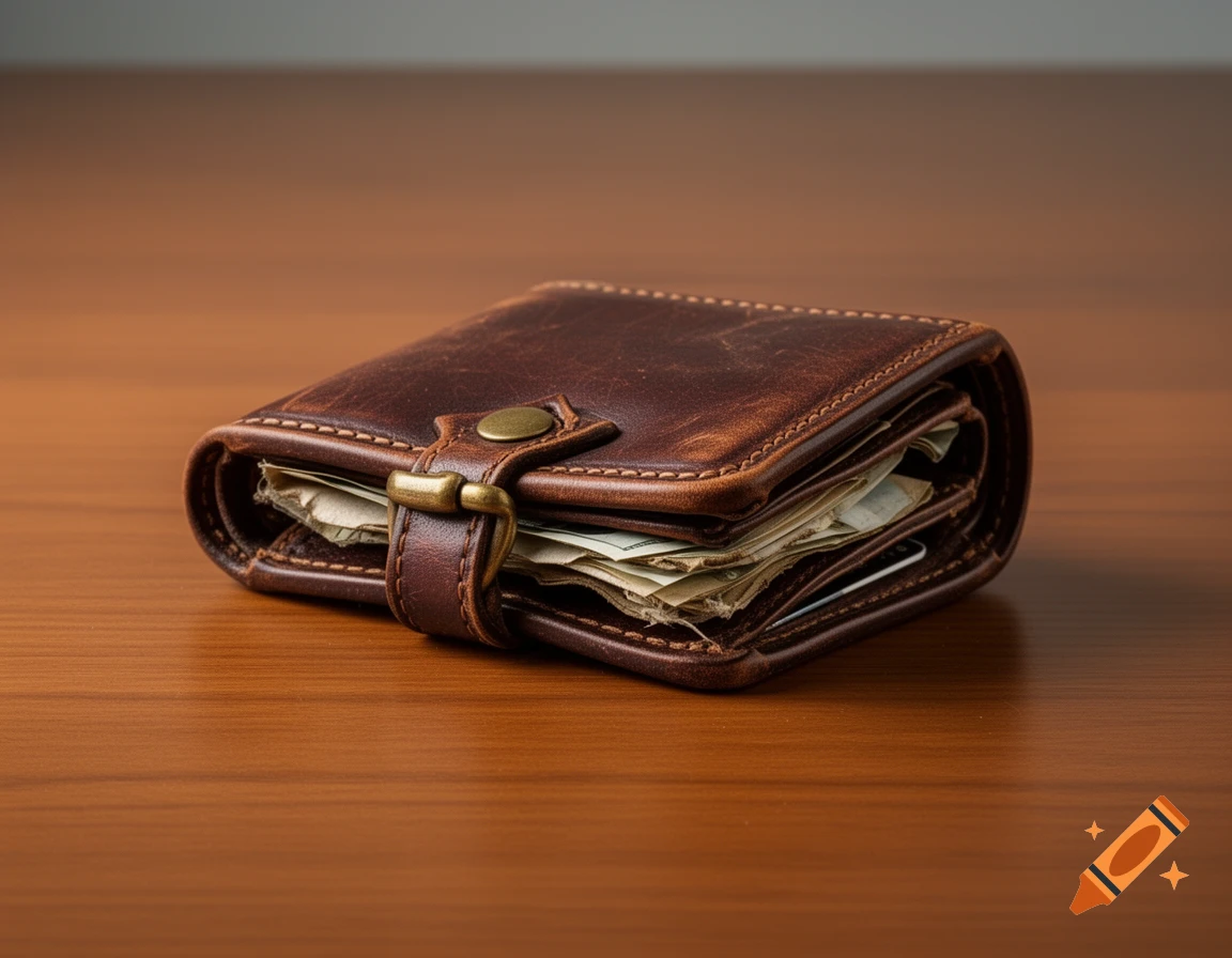 A brown leather wallet, secured with a buckle and overflowing with money, rests on a polished wooden surface in a photorealistic style.