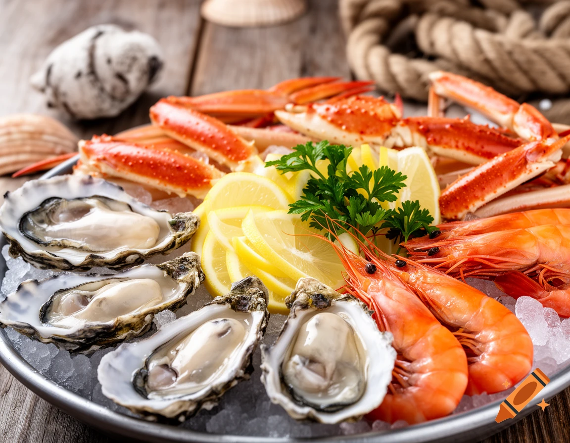 A close-up of a platter of fresh oysters, cooked shrimp, and crab legs with lemon slices and parsley on ice, on a wooden table.