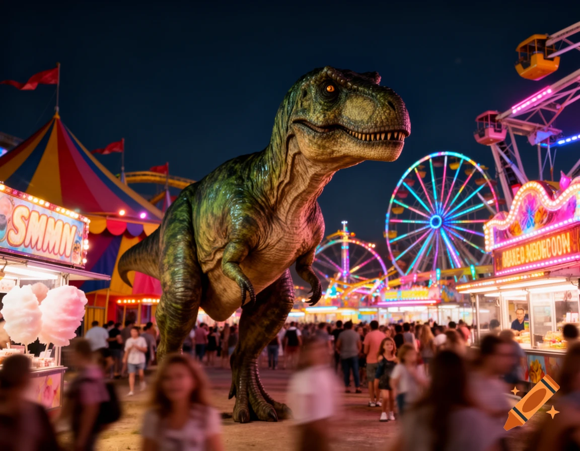 A large, realistic T-Rex stands amidst a vibrant, crowded carnival at night, surrounded by colorful rides and food stalls.