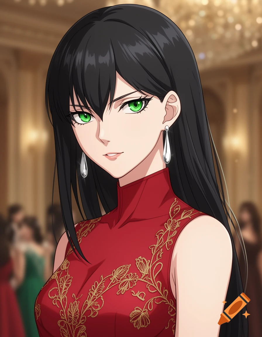 Anime-style portrait of a woman with long black hair and green eyes ...