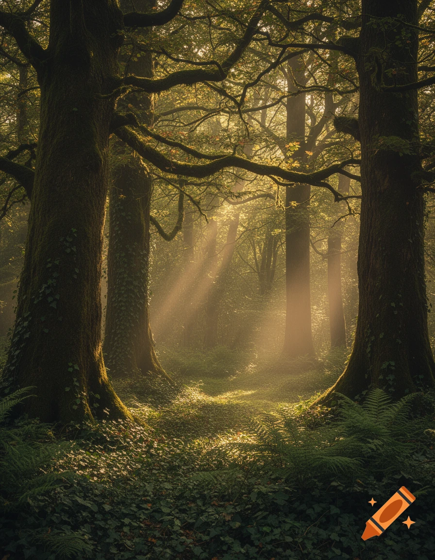 Sunlight streams through mossy trees onto a leaf-covered forest floor ...