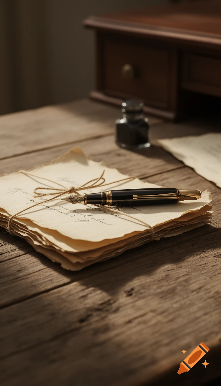A close-up of old, worn handwritten letters tied with twine, with a vintage fountain pen on a rustic wooden table.